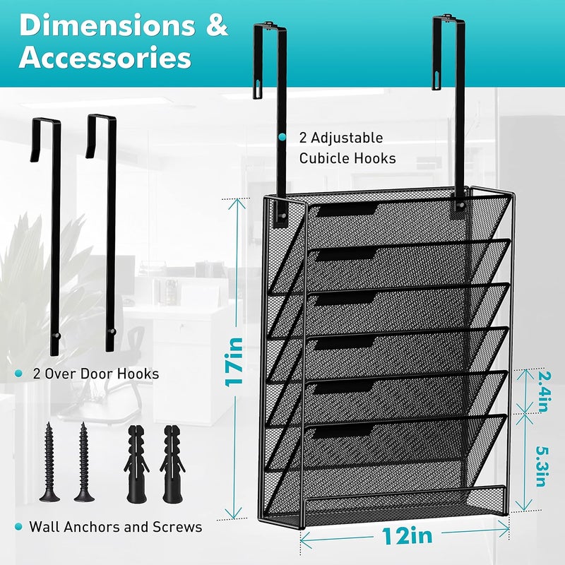 MINDEPOT 7-Tier Wall Hanging File Organizer Cubicle Hanging Organizer Mount File Holder, Mesh Magazine Document Mail Organizer Wall Organizer for Office School Home, Black - Image 4
